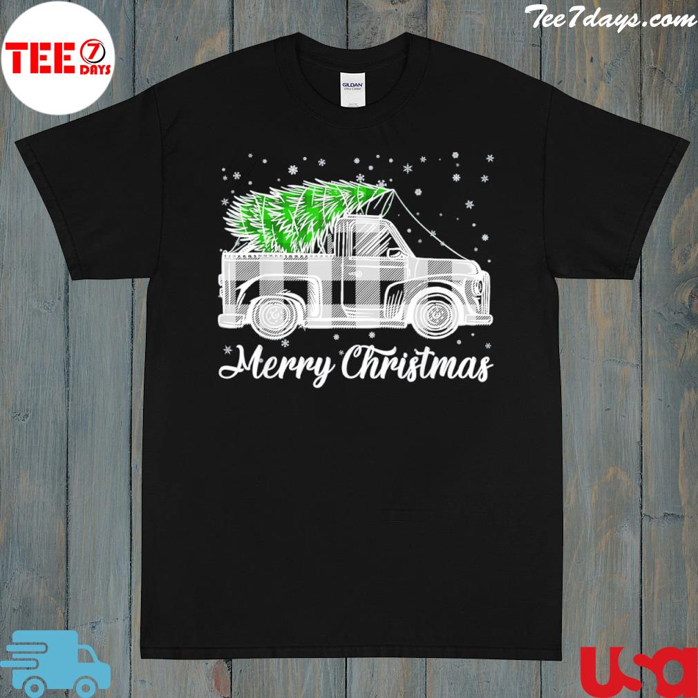 Christmas buffalo truck tree black and white plaid shirt