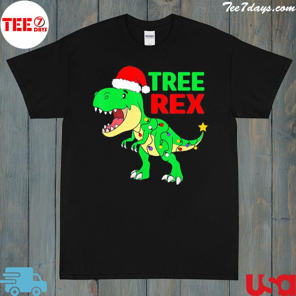 Christmas Dinosaur Kids Christmas Tree Lights Santa T-Shirt