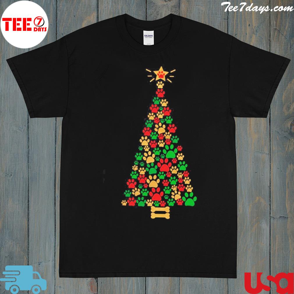 Dog Lovers Cute and Funny Dog Paws Prints Christmas Tree Dog Christmas T-Shirt