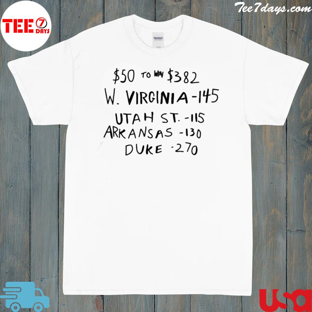 50 to win 382 w. Virginia 145 Utah st. 115 arkansas110 duke 270 shirt