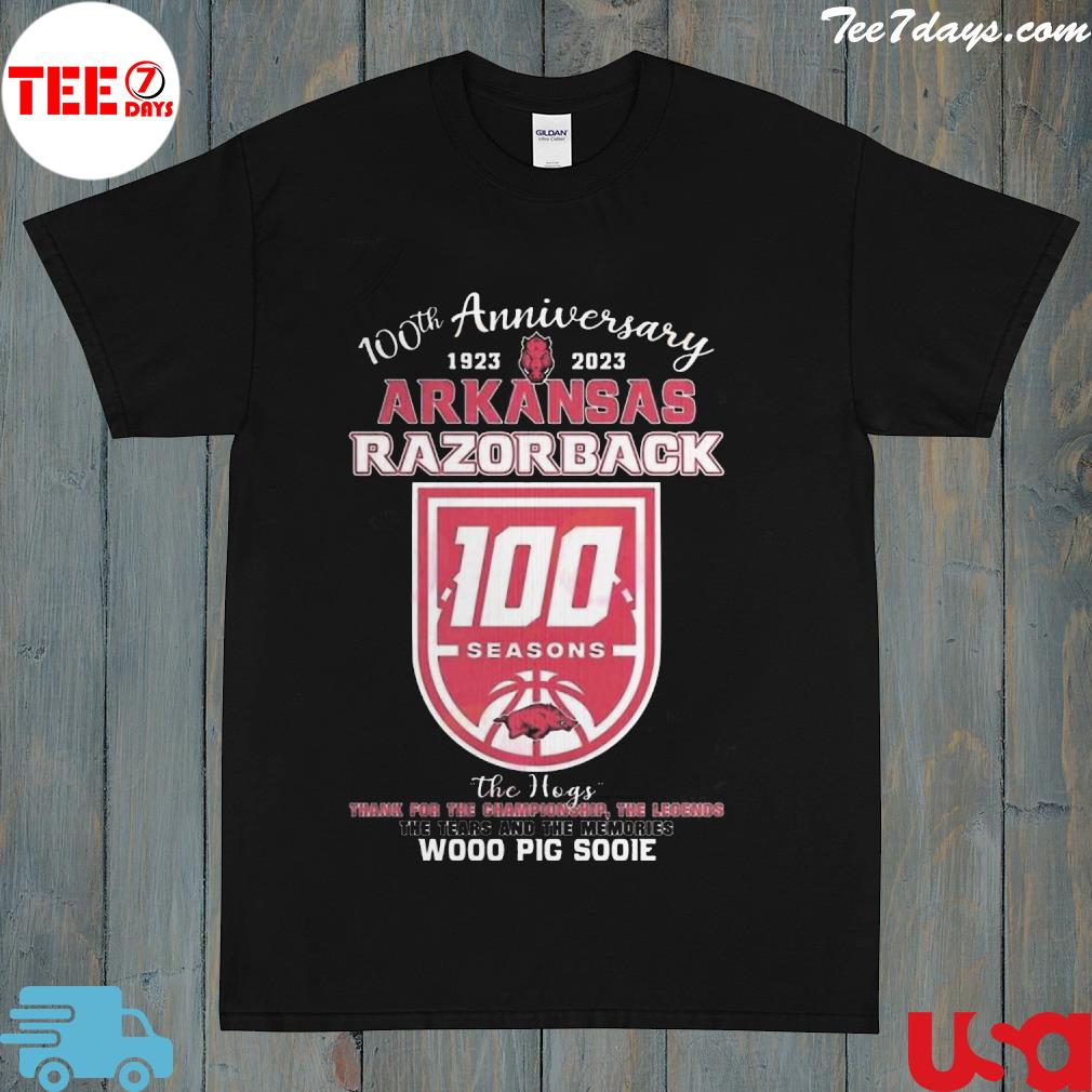 Official 100th anniversary 1023 2023 arKansas razorback 100 seasons the hogs wooo pig sooie thank you for the memories shirt