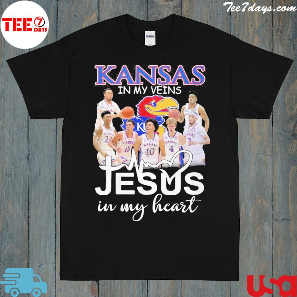 Official kansas jayhawks jesus in my veins in my heart signatures shirt