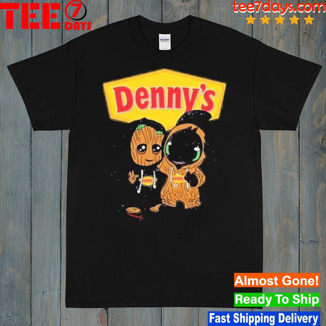Baby groot and Chibi Toothless denny's logo shirt