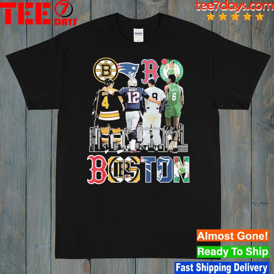 Boston city Boston Bruins player orr 04 and new england Patriots player Brady 12 and Boston red sox player 09 and Boston celtics player 06 signatures shirt