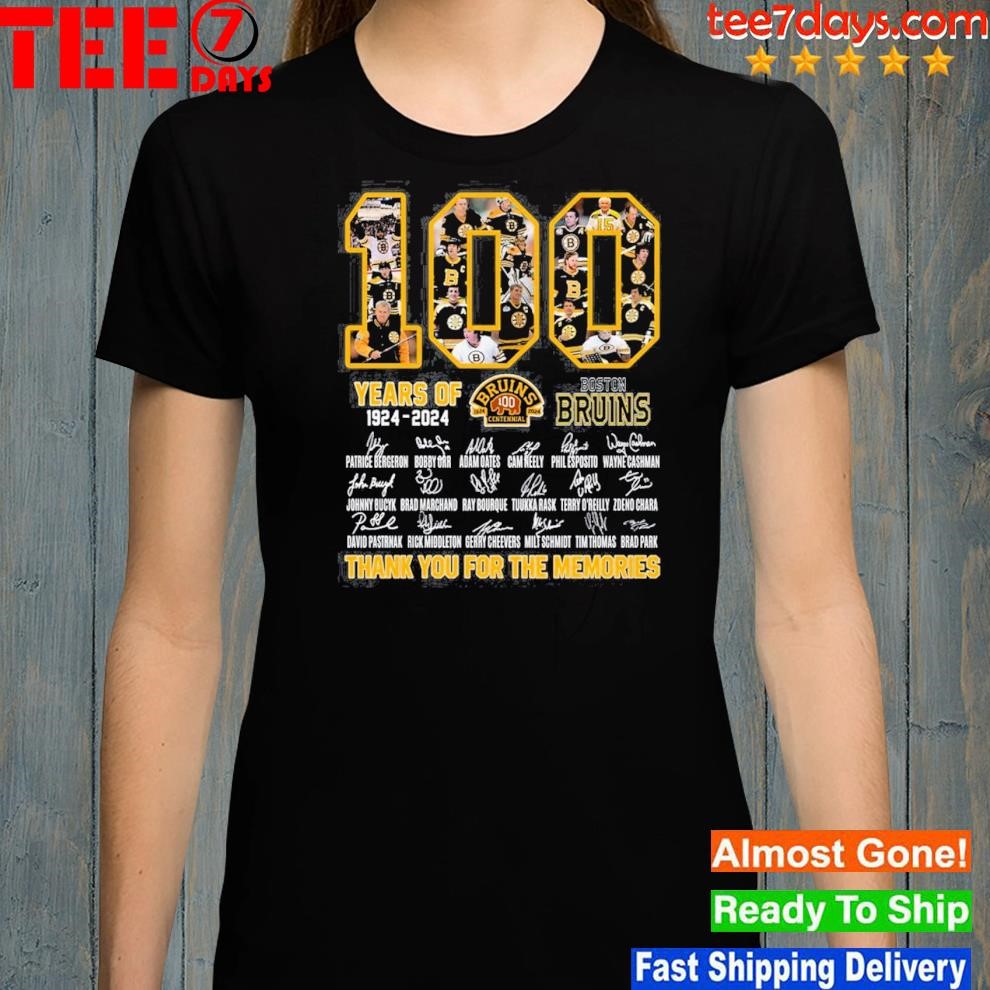 100 years of 1924 2024 boston bruins thank you for the memories shirt,  hoodie, sweater, long sleeve and tank top