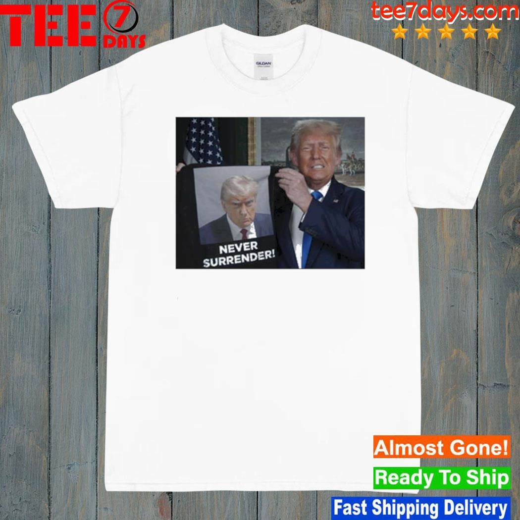 Trump shows off Trump shot never surrender 2024 shirt