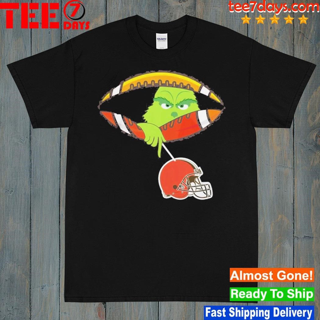Grinch Hat Santa Hold Cleveland Browns Football Logo Shirt